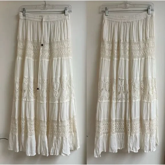 Magic Ivory Crochet Lace Tiered Boho Maxi Skirt M Whimsical Gypsy Fairy Cottage - Picture 2 of 8